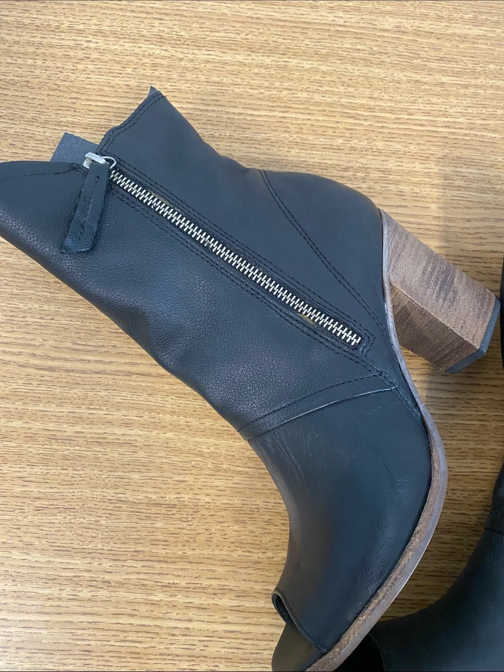 Matisse Black Leather Open-Toe Zip Ankle Booties with Wood Block Heel
